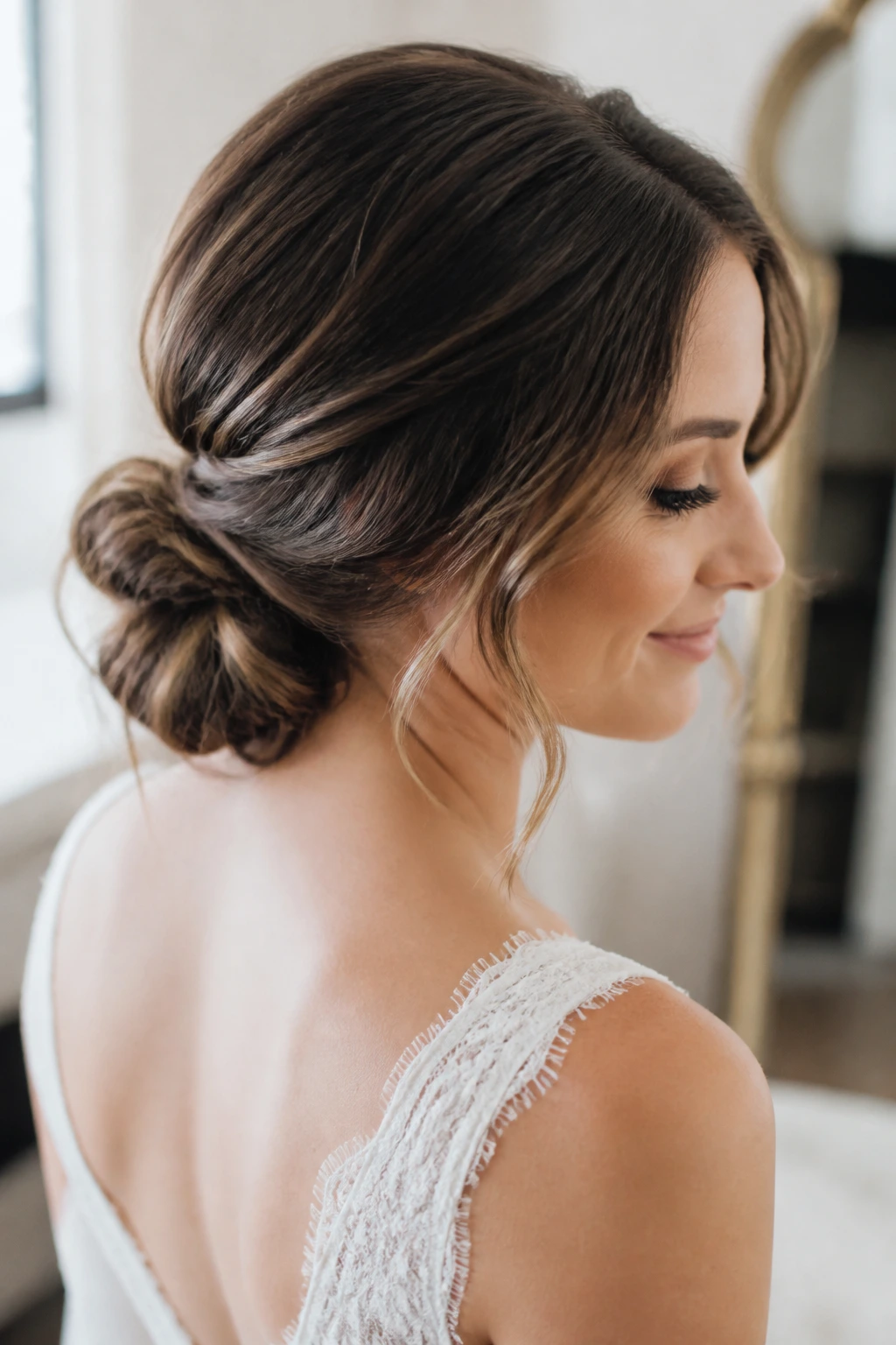 Bride with medium-length hair in a low knot, close-up