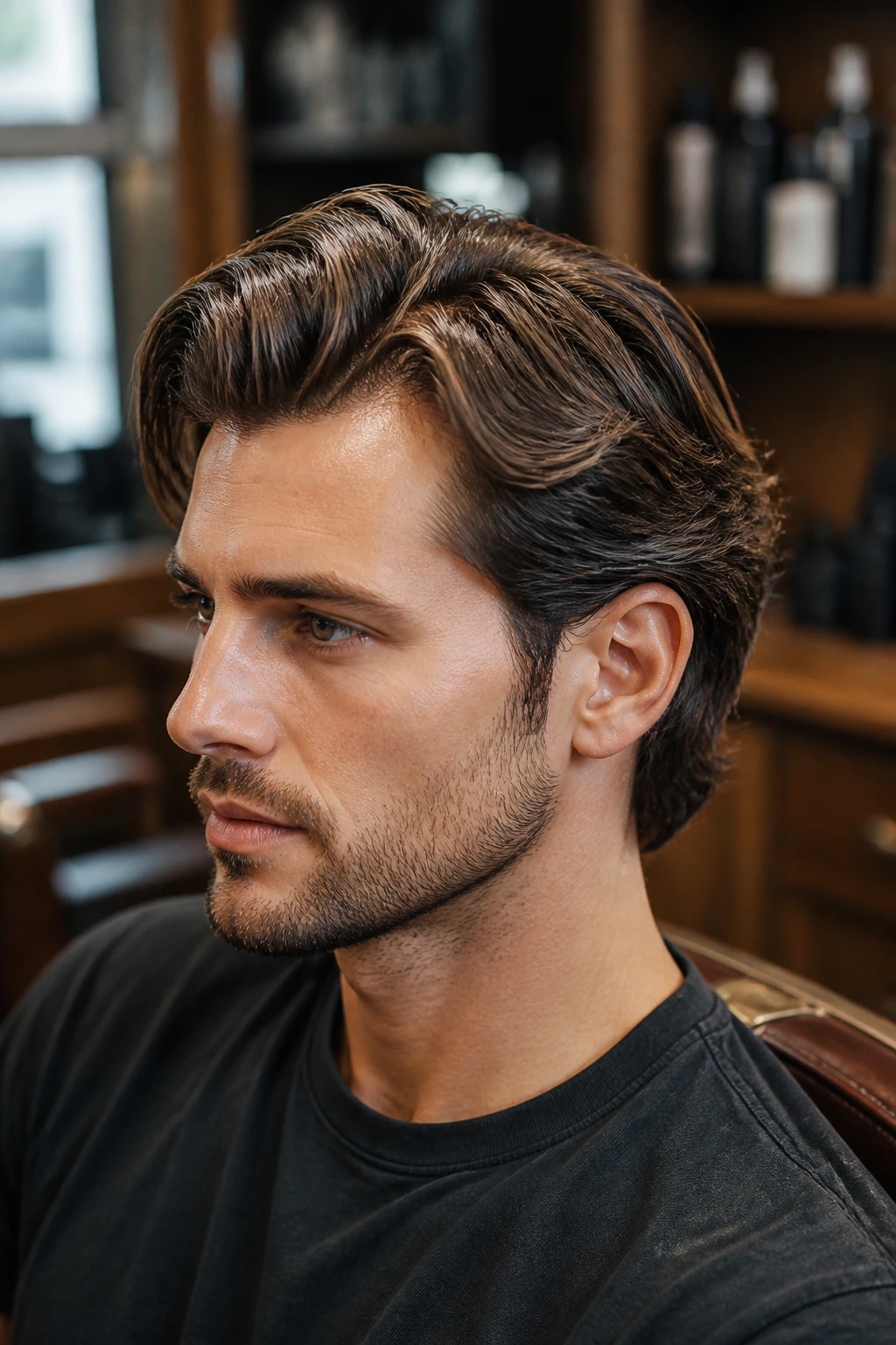 Close-up portrait of a man with medium length hair in a barber shop setting