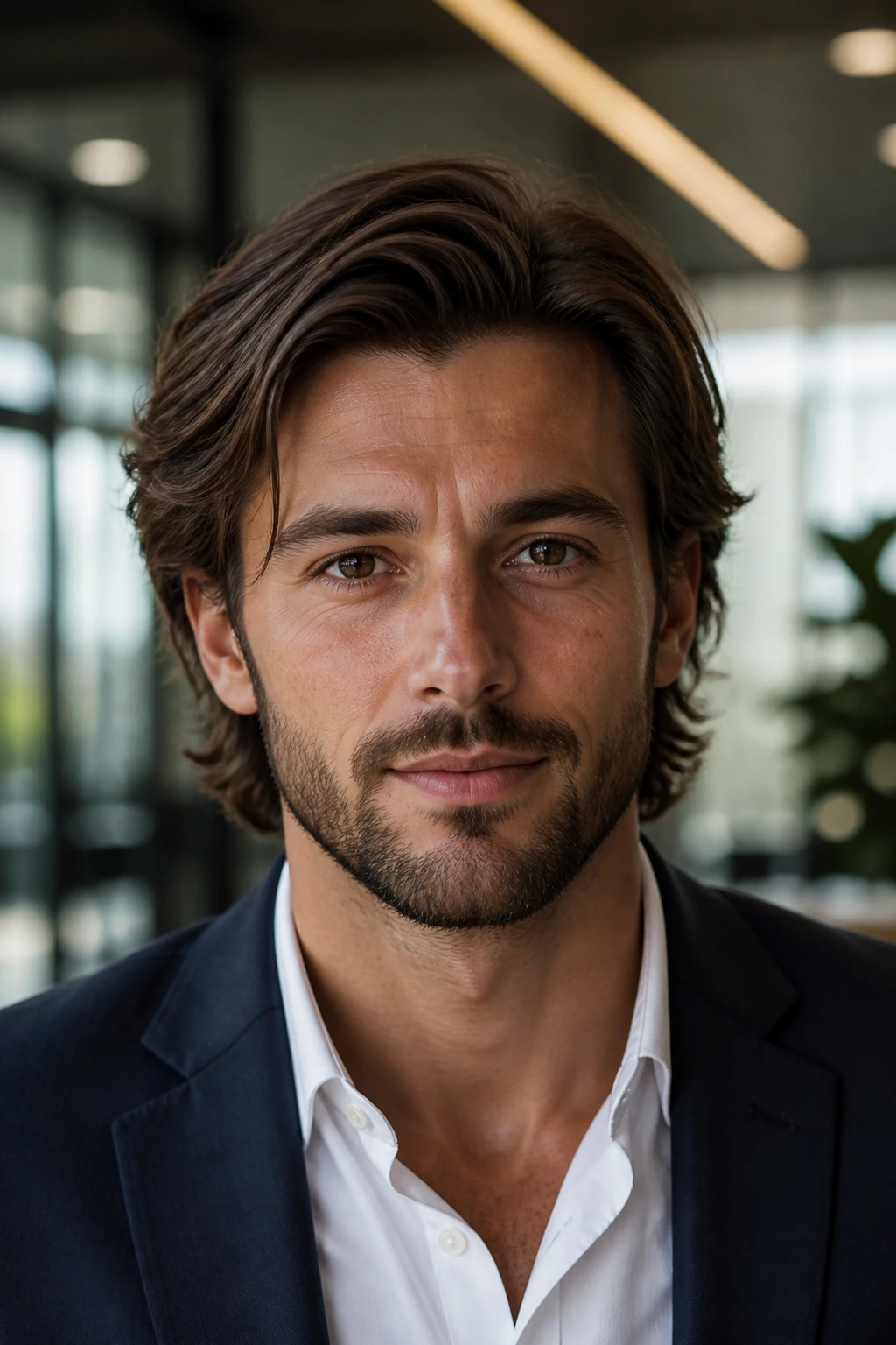 Close-up portrait of a man with layered medium length hair and side part in an office setting