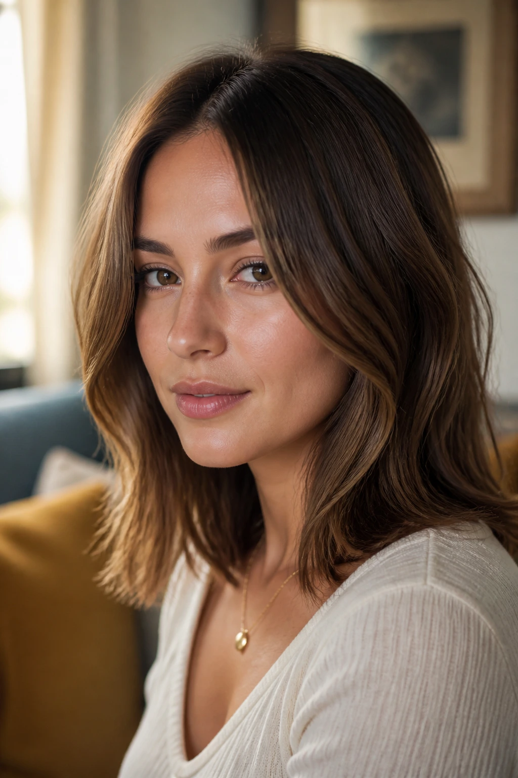 Portrait showing hair with a middle part and medium-length cut balanced to frame the face