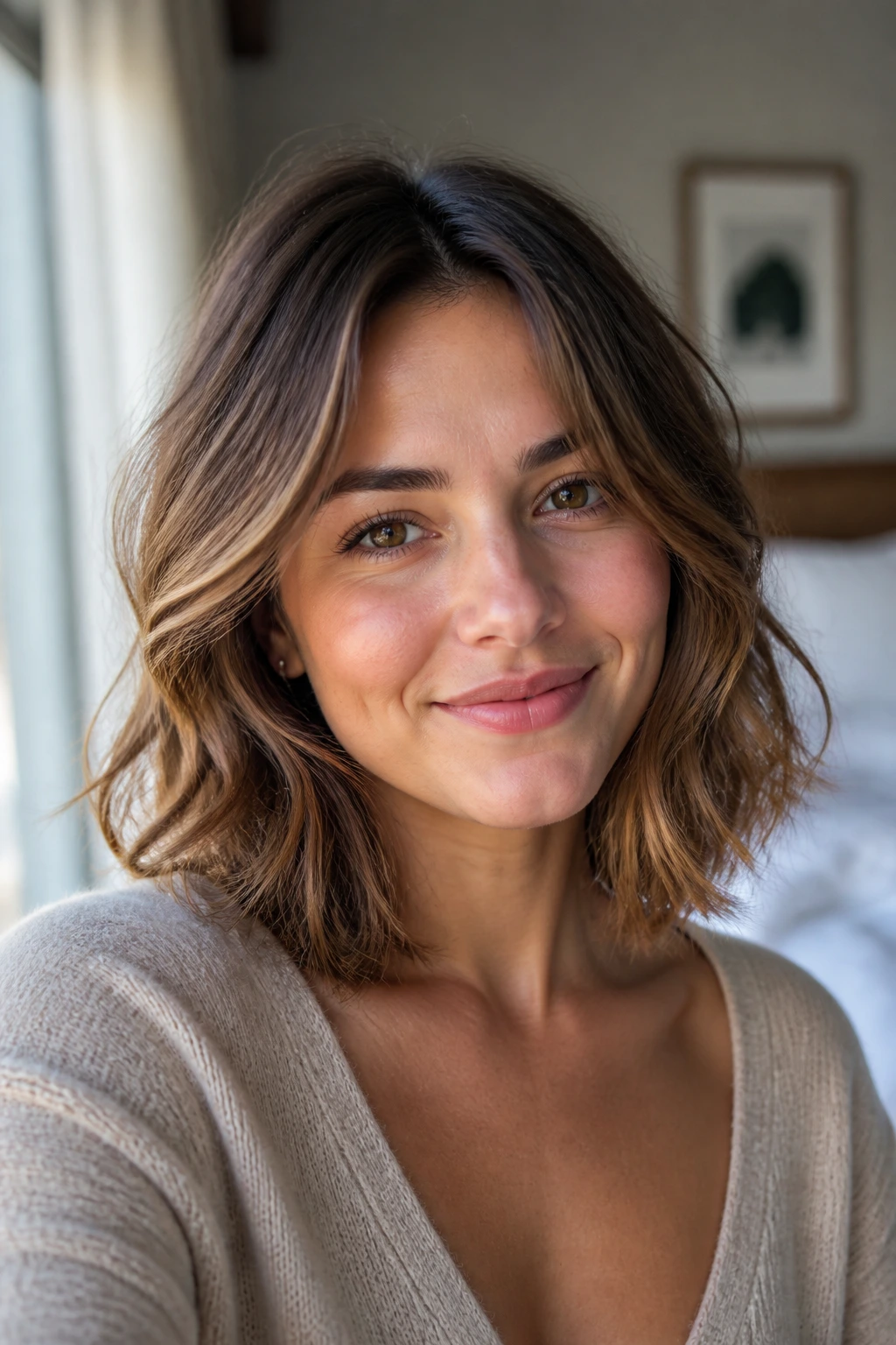Close-up of a real woman's medium-length hair with soft waves and natural volume under window light.