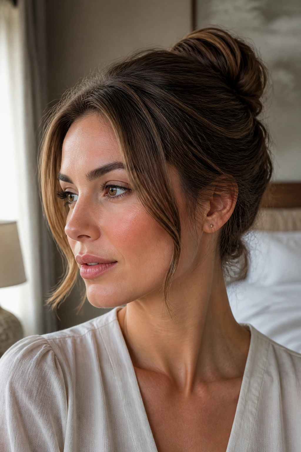 Close-up portrait of a real woman with a chic medium-length updo in warm natural light