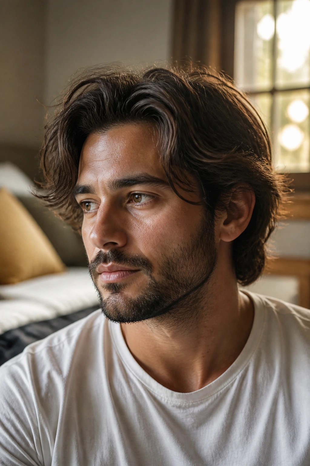 Close-up portrait of a man with medium-length hair in a cozy bedroom with natural window light.