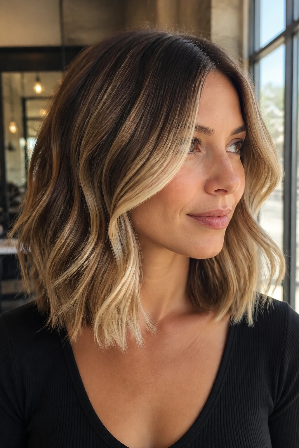 Close-up of a real woman with medium-length hair featuring face-framing highlights in warm window light