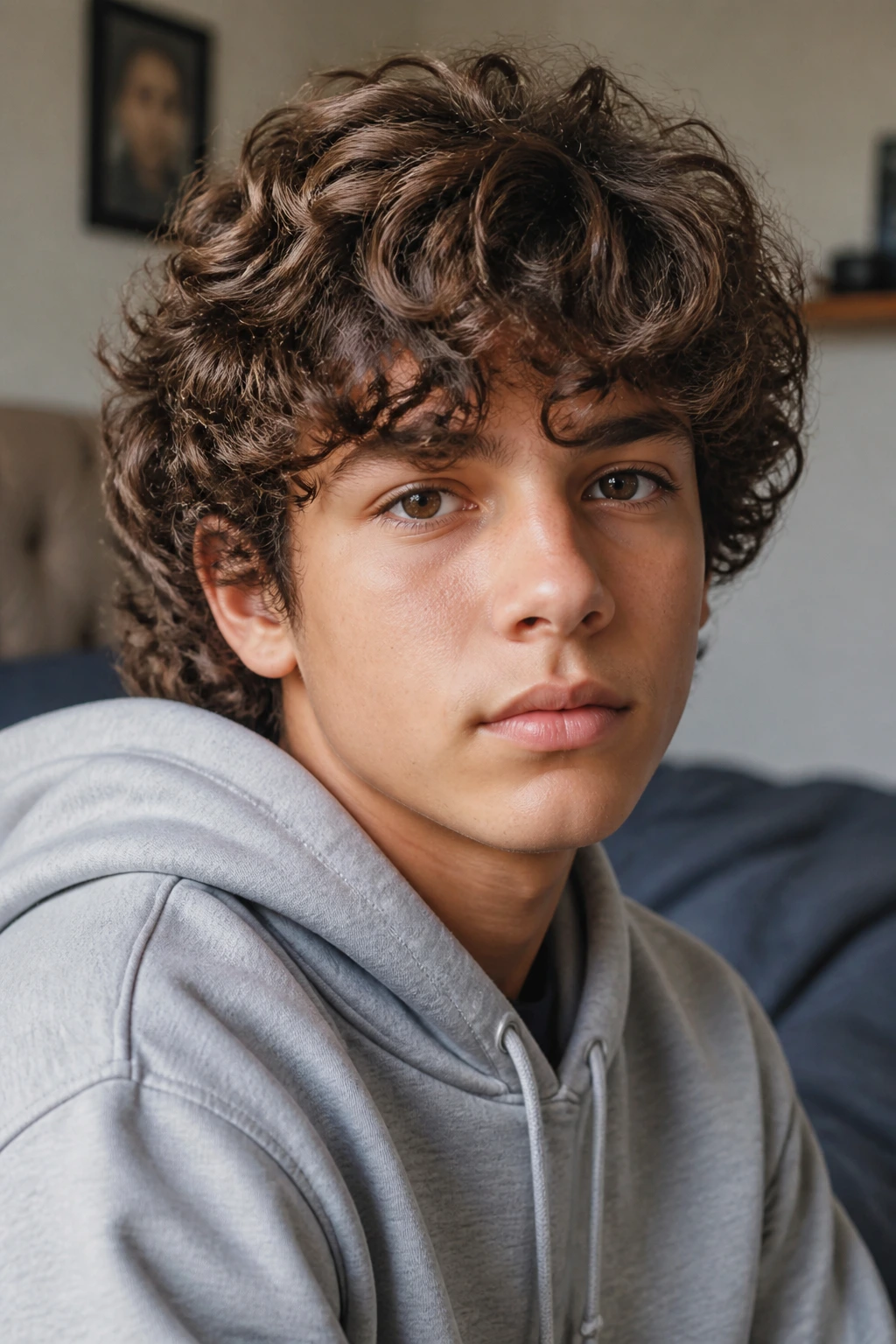 Close-up of a real boy with medium-length layered curls