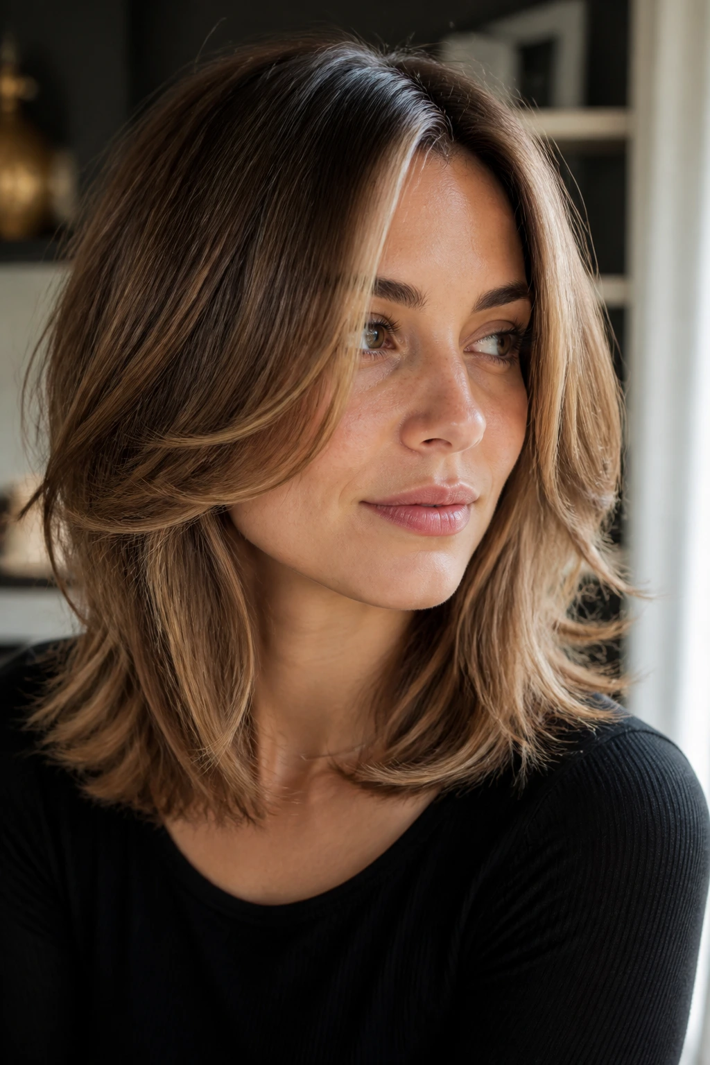 Portrait of a real person with medium-length layered hair showing movement