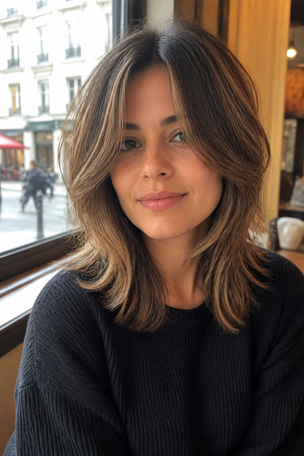 Portrait of person with medium-length layered hair showing crown lift and front layer