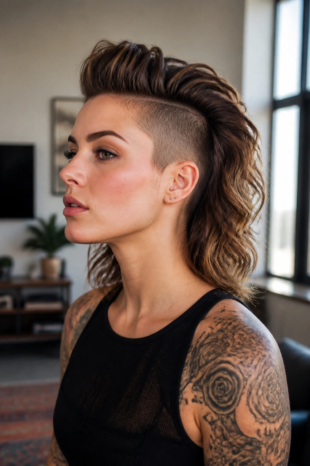 Portrait of a woman with a medium-length mohawk showing flexible crown and tapered sides.