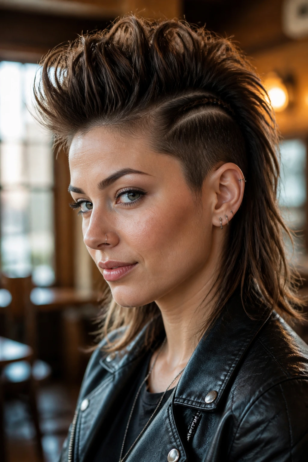 Close-up of a real woman with a medium-length Mohawk showing a strong center ridge and tucked sides in warm cafe light