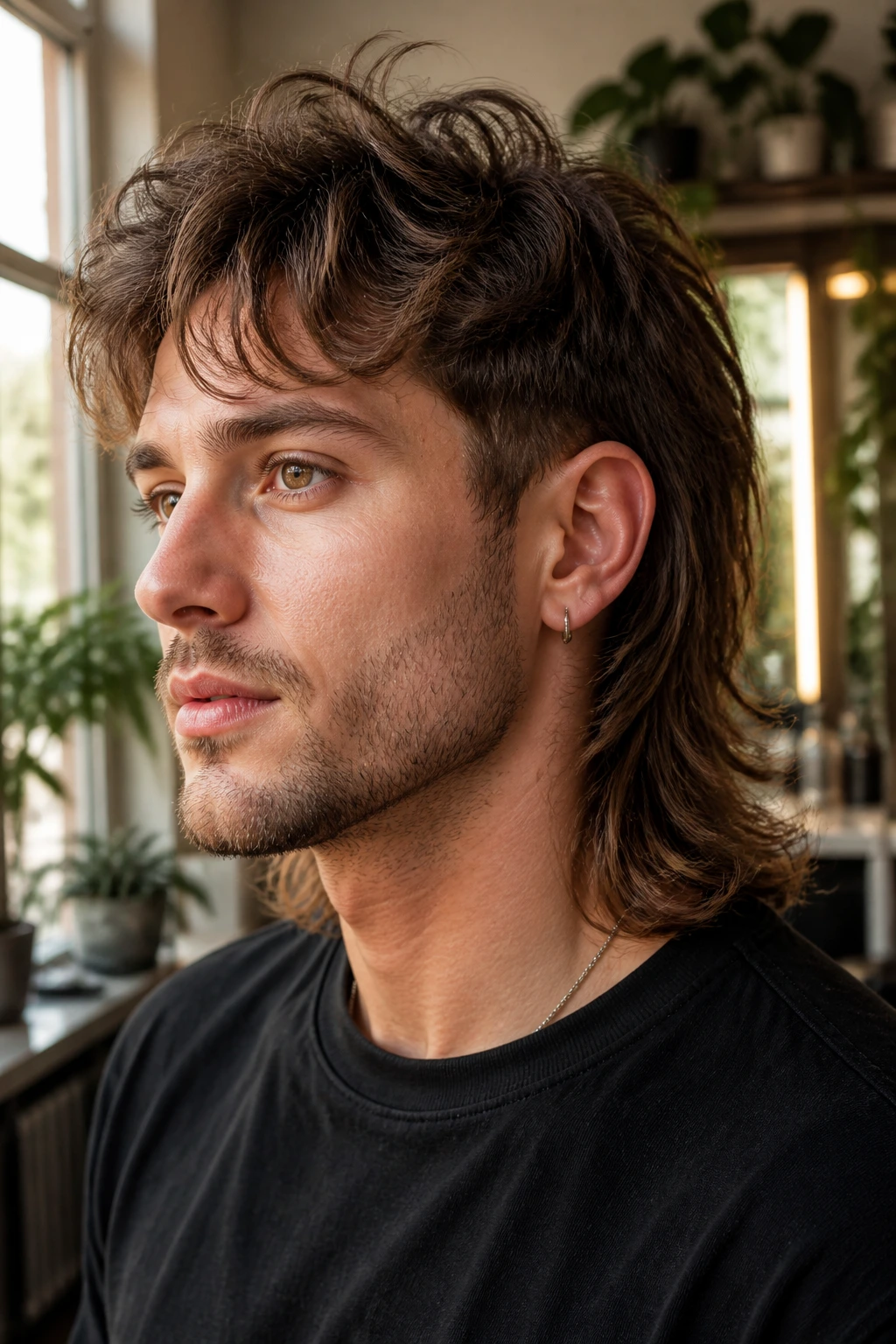 Close-up portrait of a real person with a medium-length mullet, crown and nape defined in warm window light.