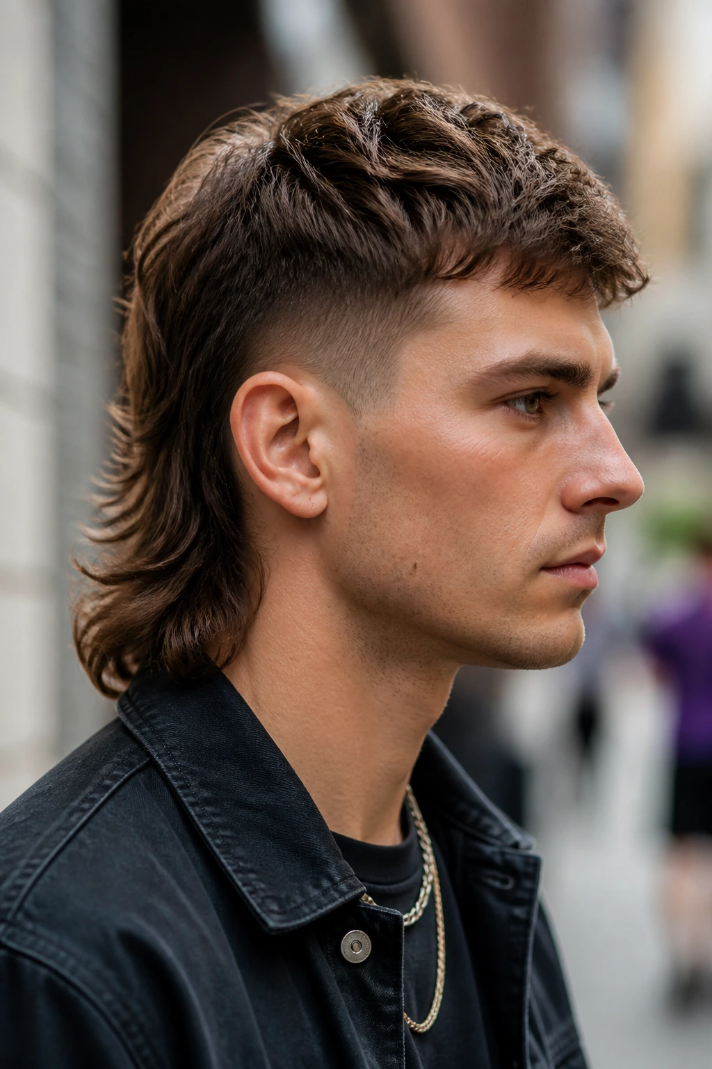 Portrait of a person with a medium-length mullet in a sunlit street