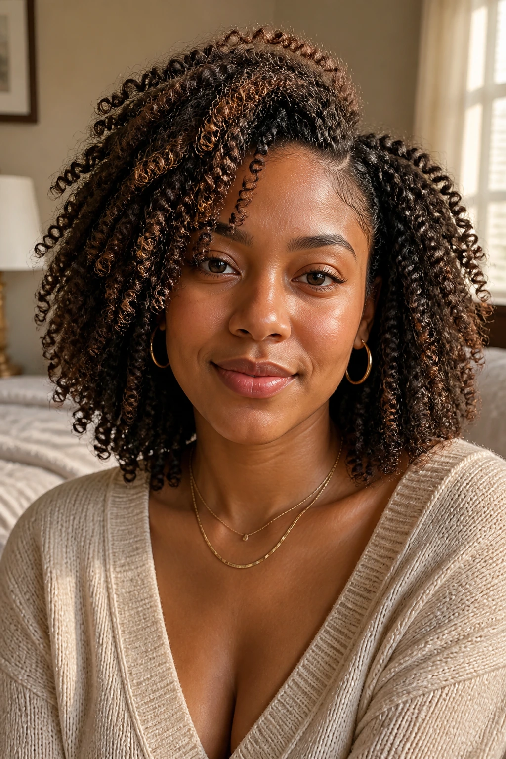 Close-up portrait of a real person with shoulder-length natural hair