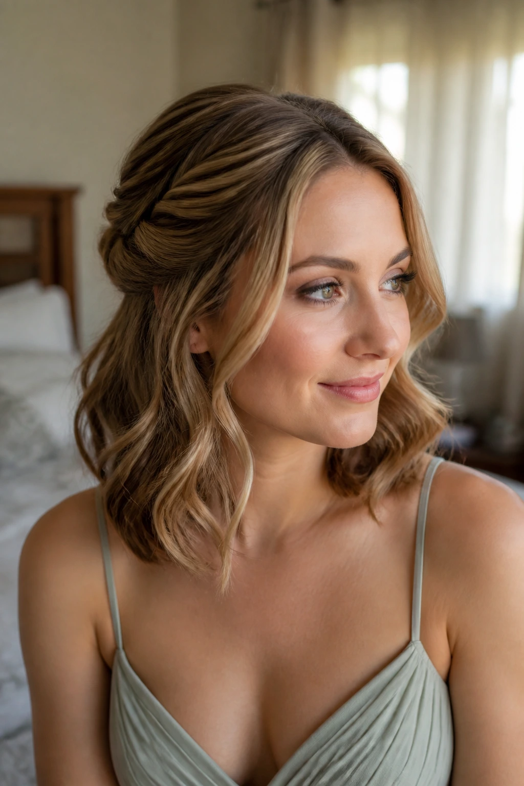 Close-up of a real woman with shoulder-length hair in a balanced prom-inspired half-up look, warm window light.