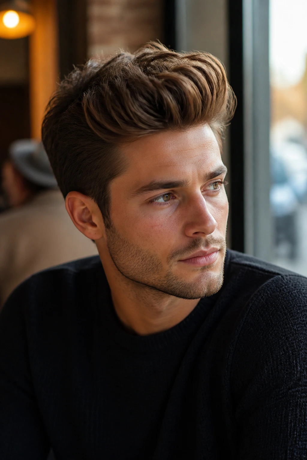 Portrait of a man with a medium-length quiff in warm light