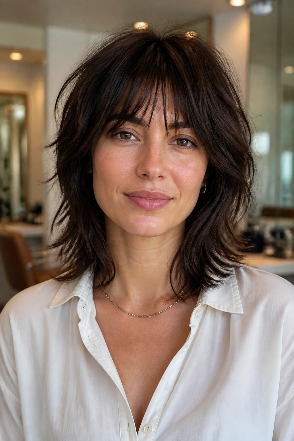 Portrait of a person with a medium length shag tailored to density and face shape