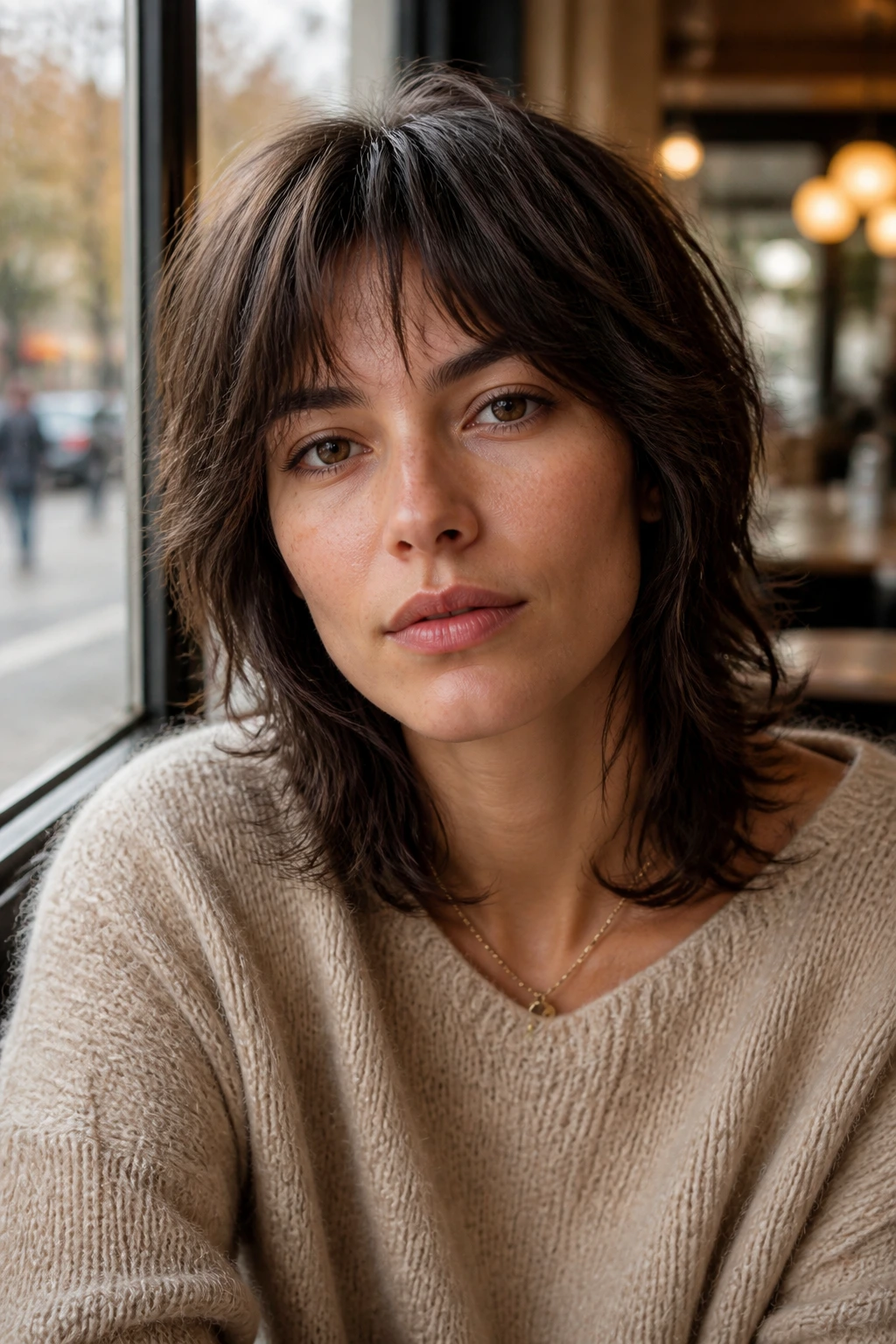 Close-up of a real person with a balanced medium-length shag