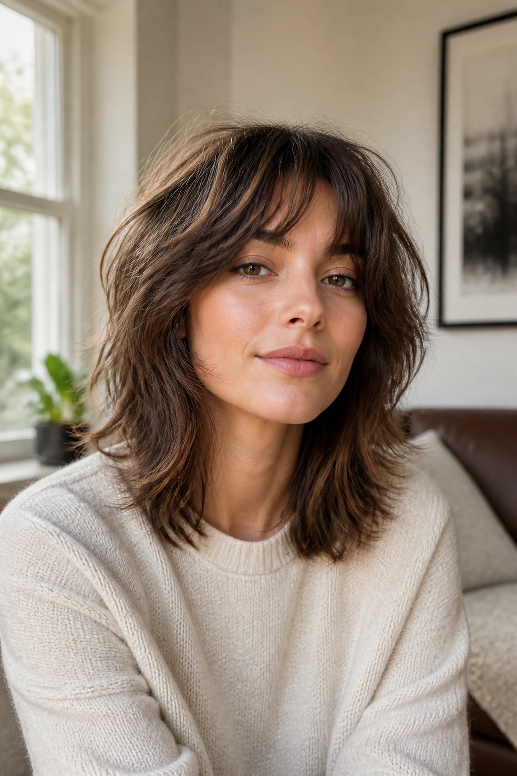 Portrait of a person with a medium length shag showing soft lived-in texture