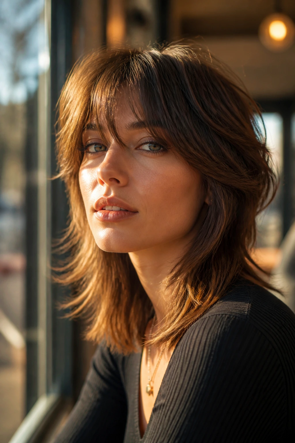 Portrait of a real person with a medium-length shag hairstyle