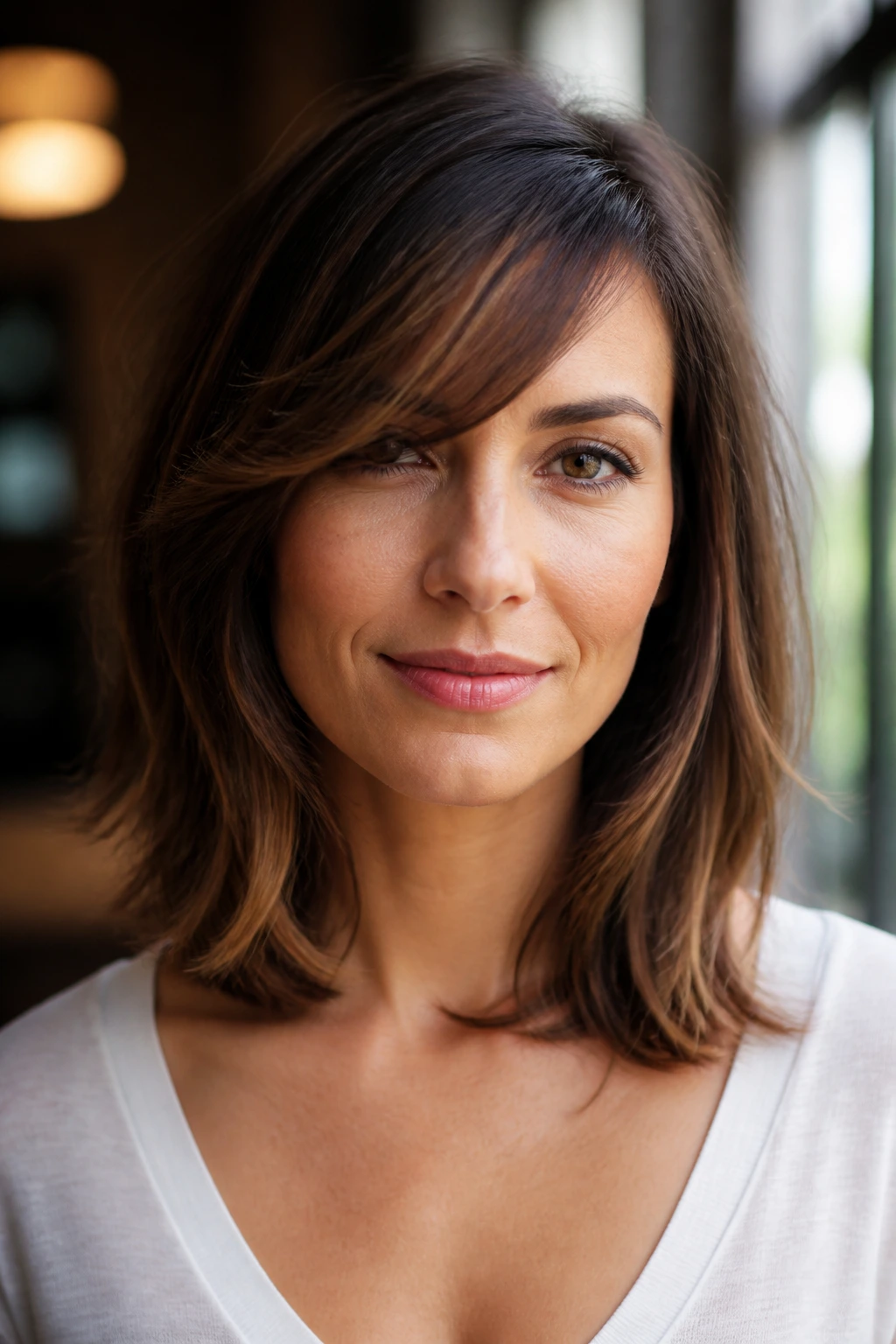 Portrait illustrating the balance of medium-length hair with side bangs