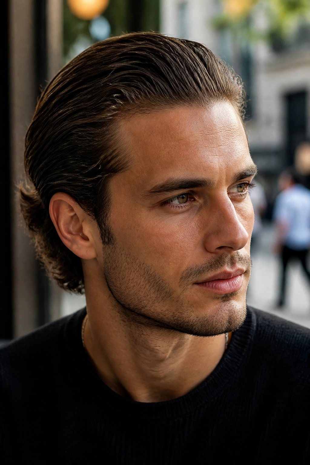 Close-up portrait of a man with medium-length slicked-back hair in a cafe setting