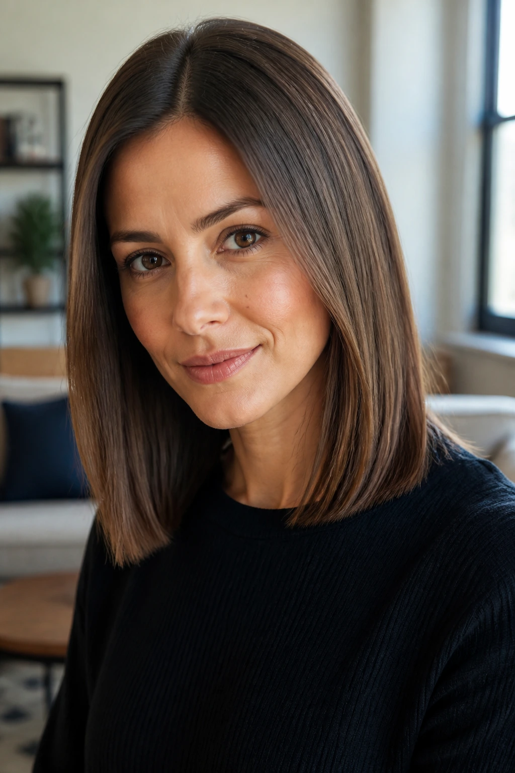 Close-up portrait of a real person with medium-length straight hair showing a clean cut and defined part in natural light