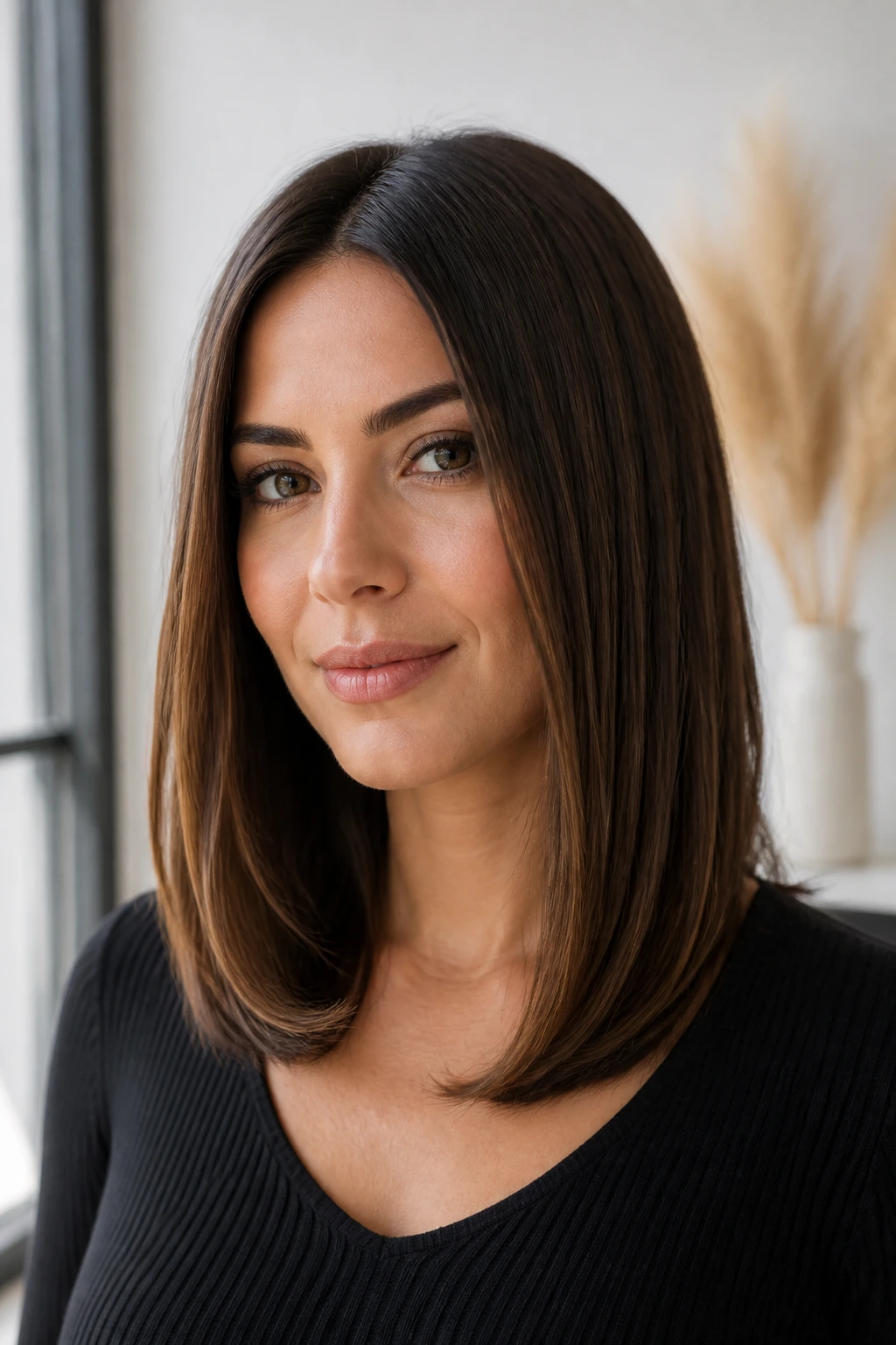Portrait of a real woman with medium-length straight hair showing a clean, weighted cut.