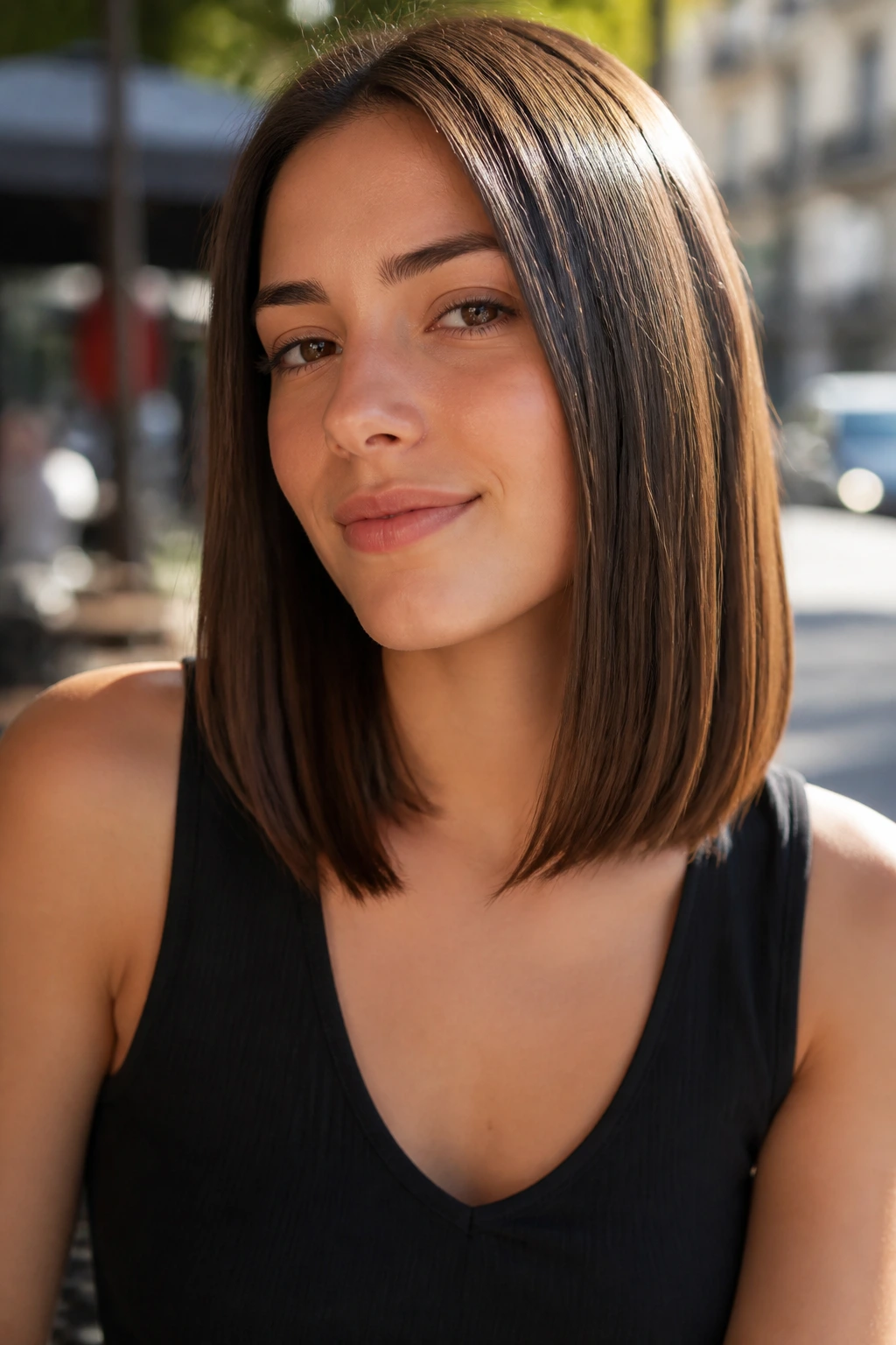 Close-up portrait of a real woman with a shiny medium-length straight hairstyle that frames her face