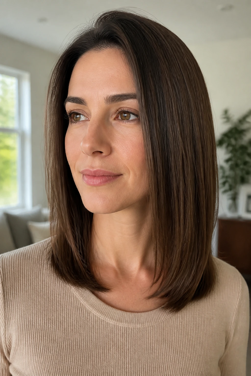 Portrait of a person with medium-length straight hair showing crisp lines and collarbone-length fall