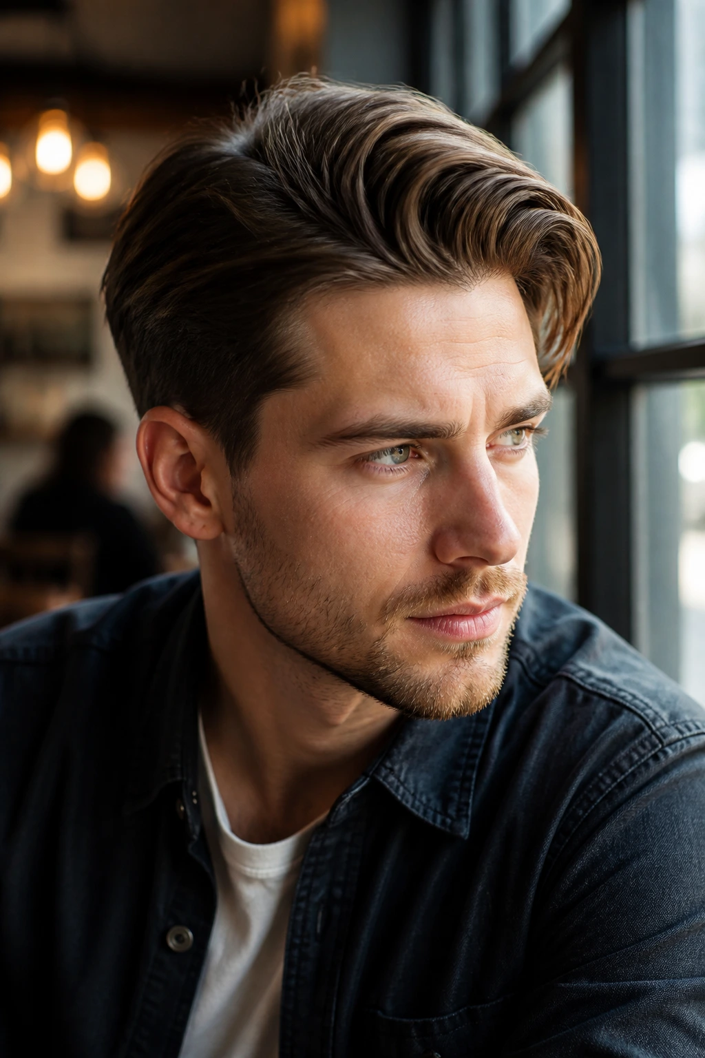 Man with Medium-Length Sweep hairstyle at cafe window