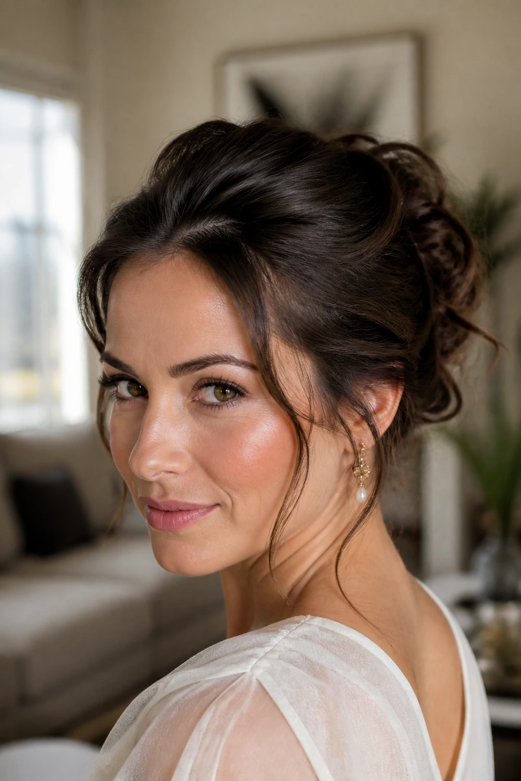 Real person with an updo demonstrating medium-length hair height and shape