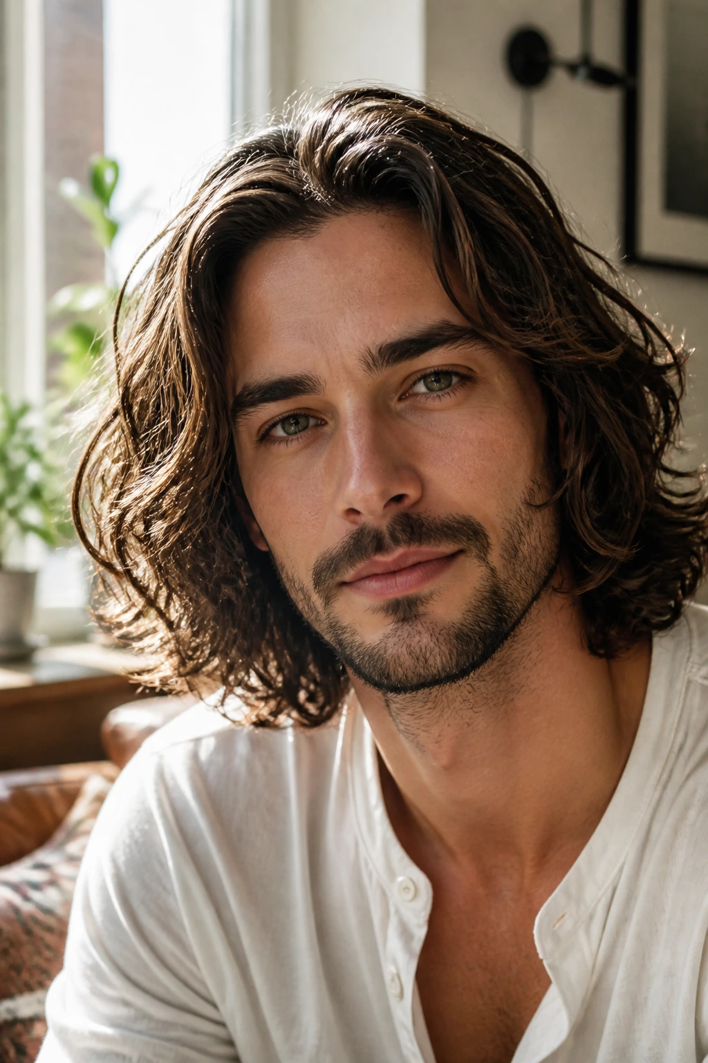 Close-up portrait of a man with shoulder-length wavy hair in natural light