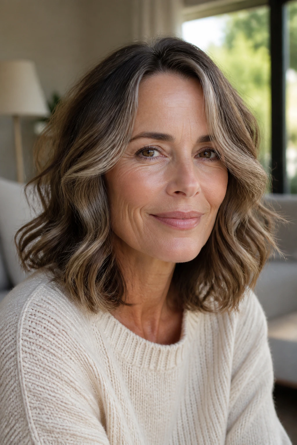 Medium-length waves skimming the shoulders in a real woman portrait
