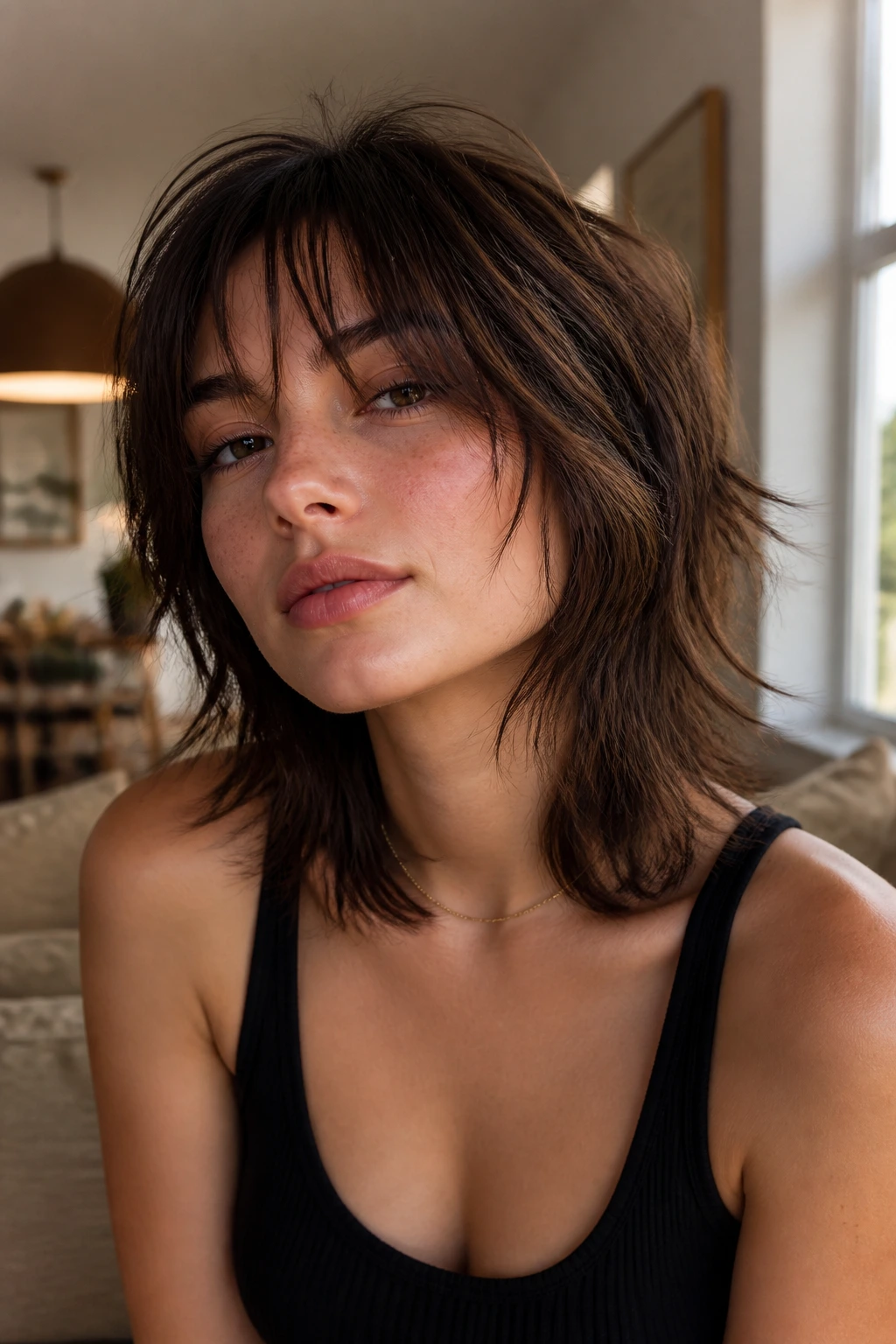 Real woman with medium-length wolf cut showing collarbone-length silhouette.