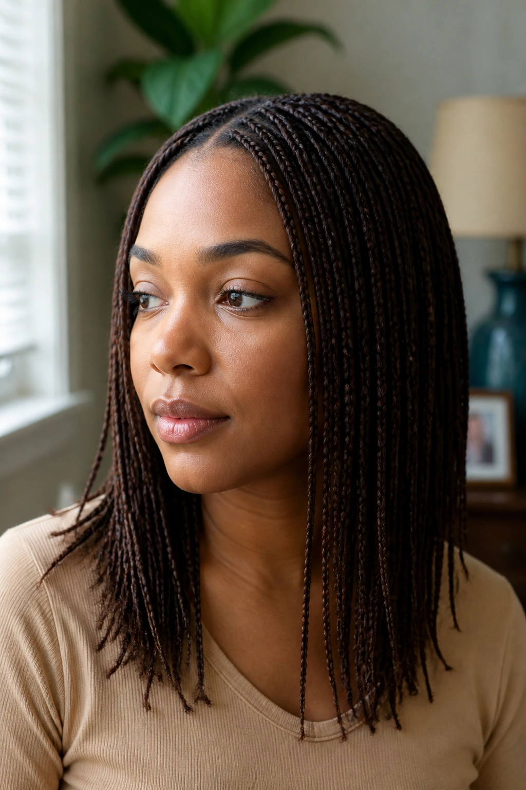 Close-up of a real person with expert-sized micro braids around the head.