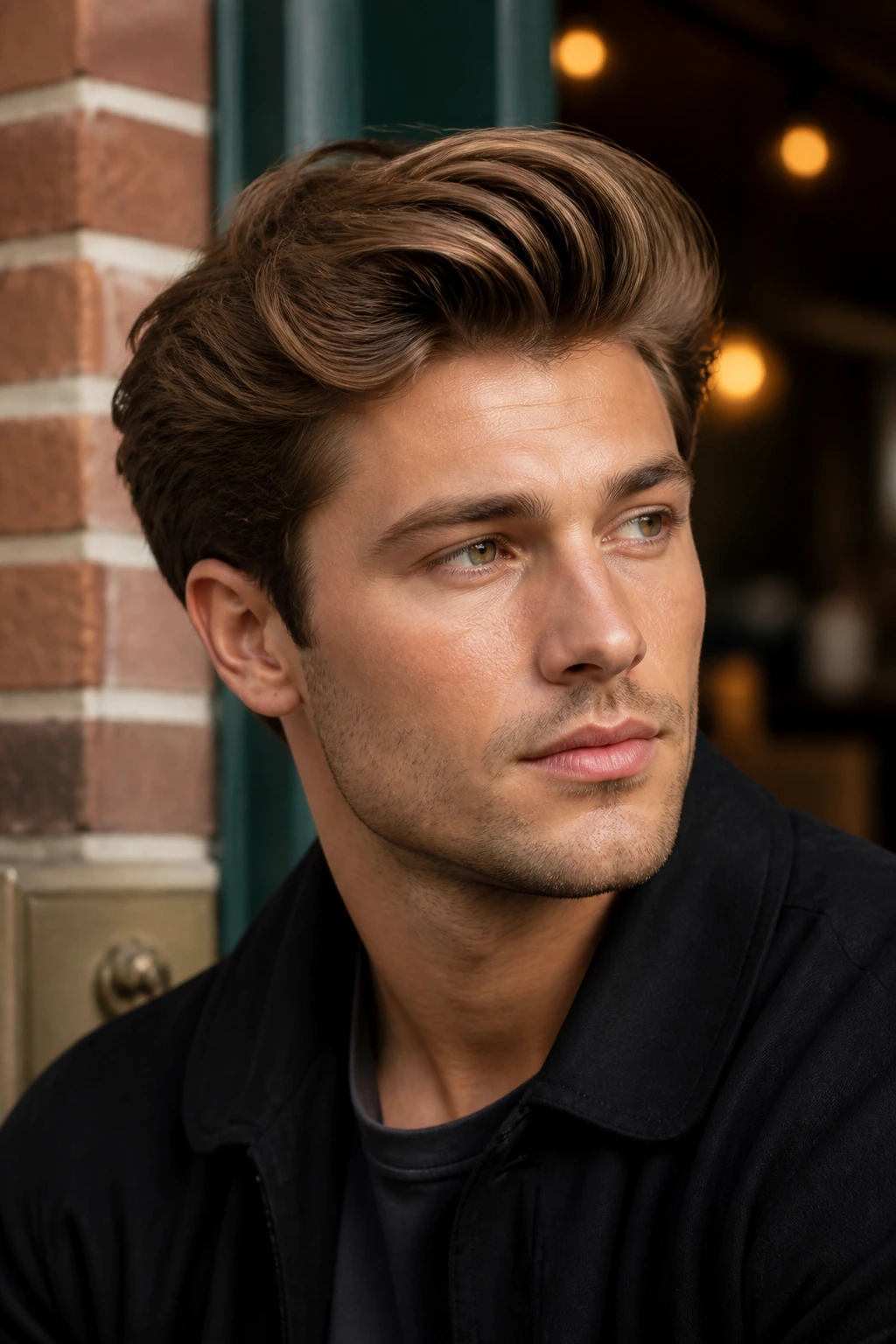 Close-up of a man with a medium pompadour featuring rounded height hairstyle