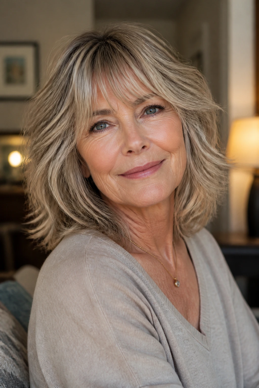 Portrait of an older woman showing movement in a medium shag that suits changing hair texture