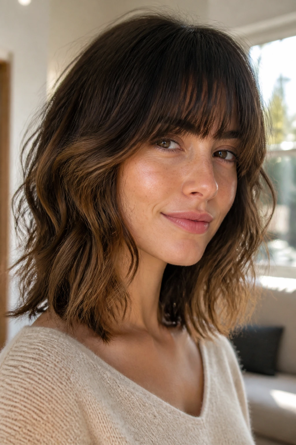 Close-up portrait of a woman with medium shag haircut and bangs in warm window light