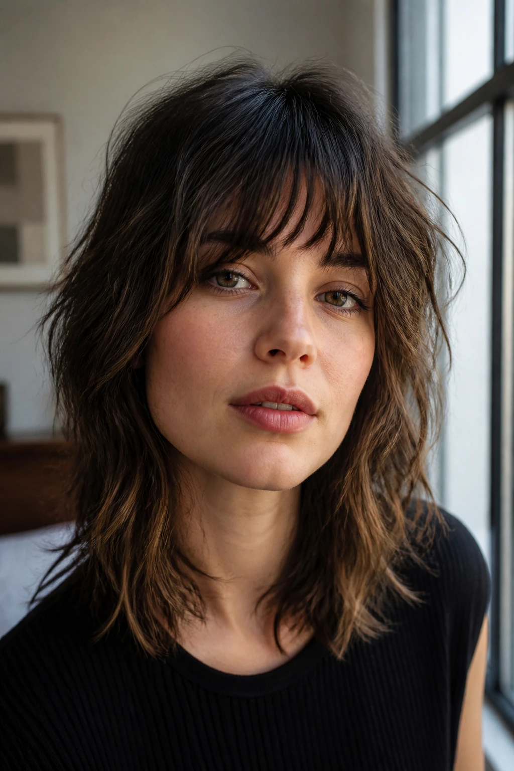 Portrait of a person with medium-length shag and bangs in natural window light
