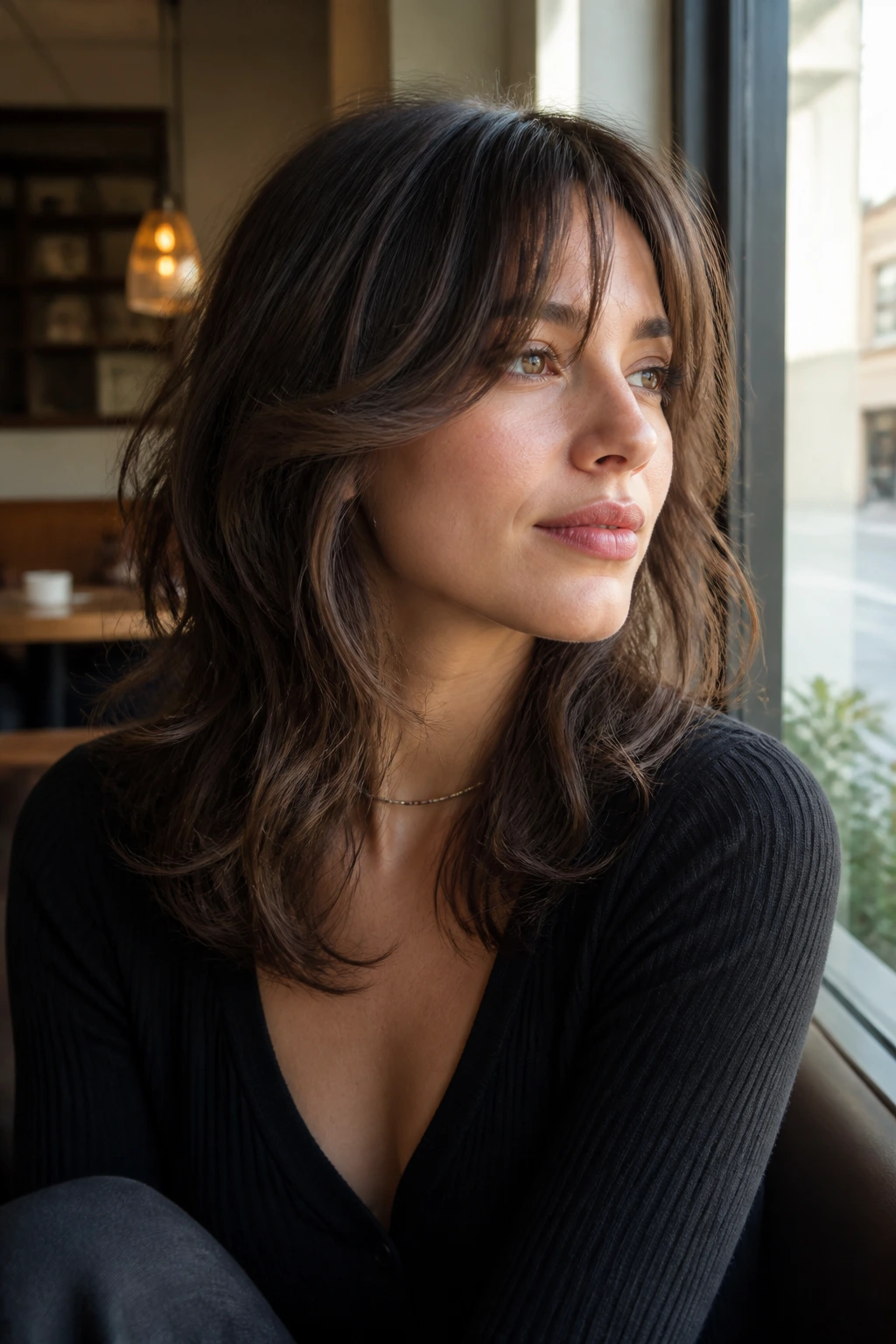 Portrait of a real woman with medium shag and face-framing pieces.