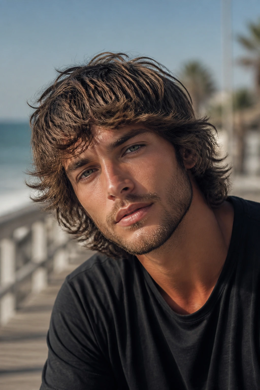 Close-up of a man with medium shag and shorter layers on wavy hair.