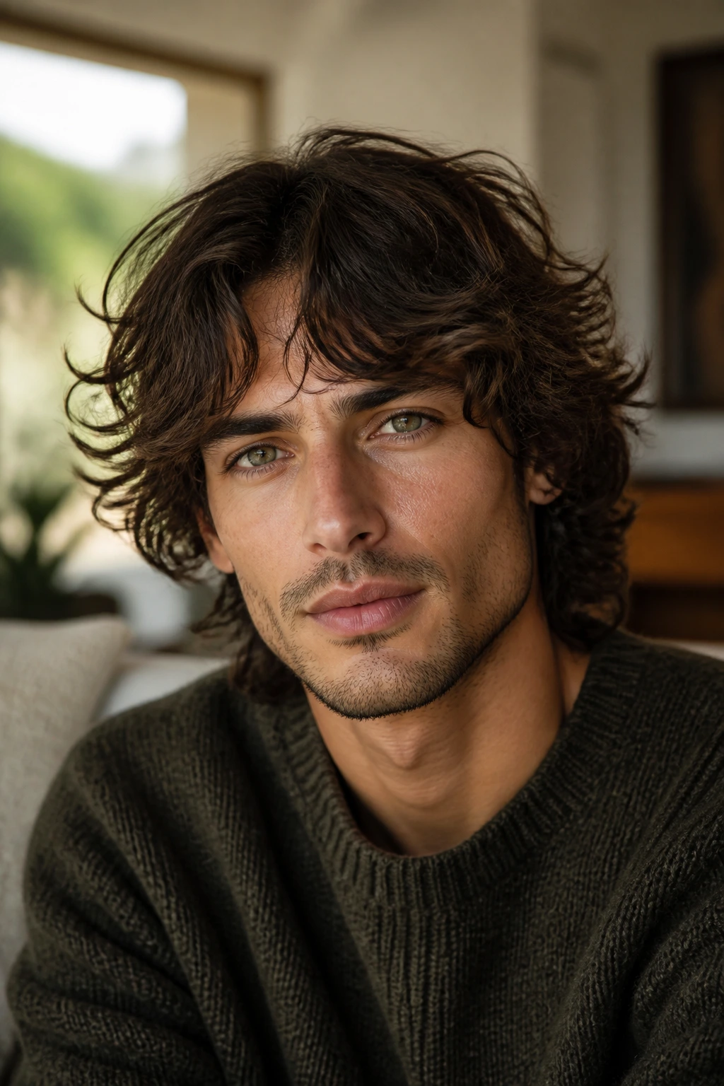 Close-up of a real man with medium shag hairstyle featuring cheekbone-length layers and windswept waves under natural window light.