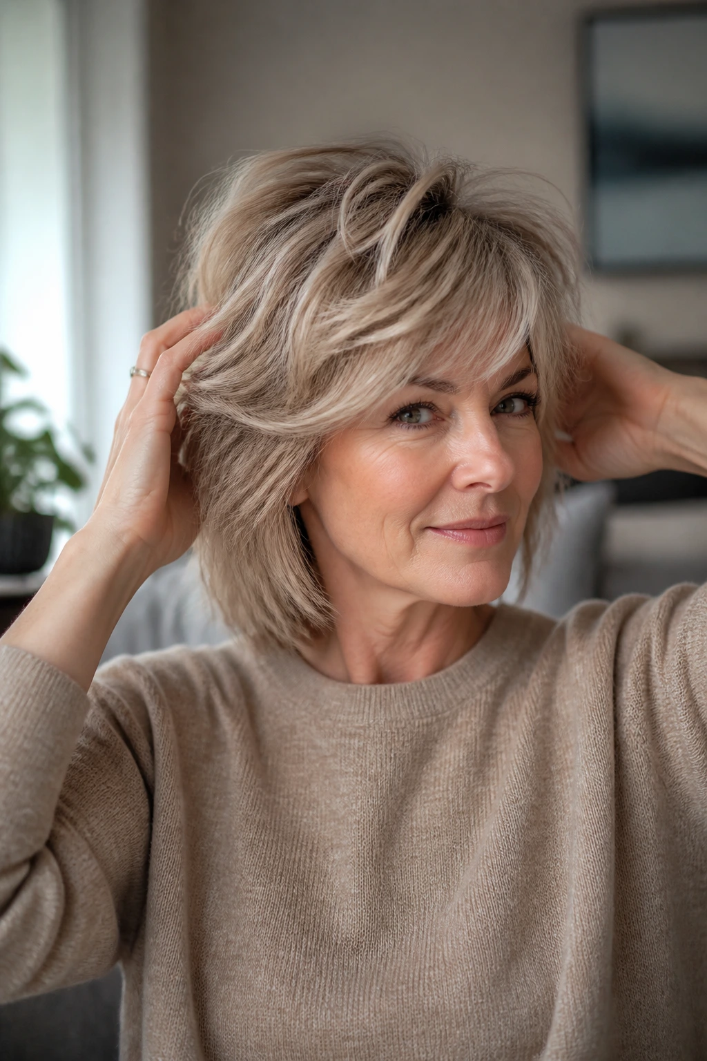 Portrait of a real woman mid-styling moment with medium shag that looks movable and natural