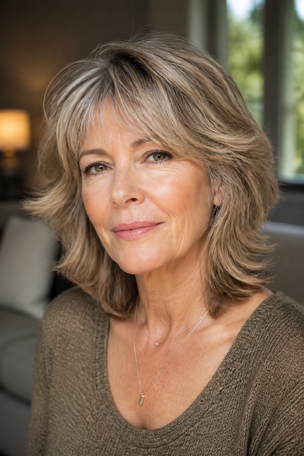Close-up portrait of an older woman with a medium shaggy hairstyle showing movement around the face.