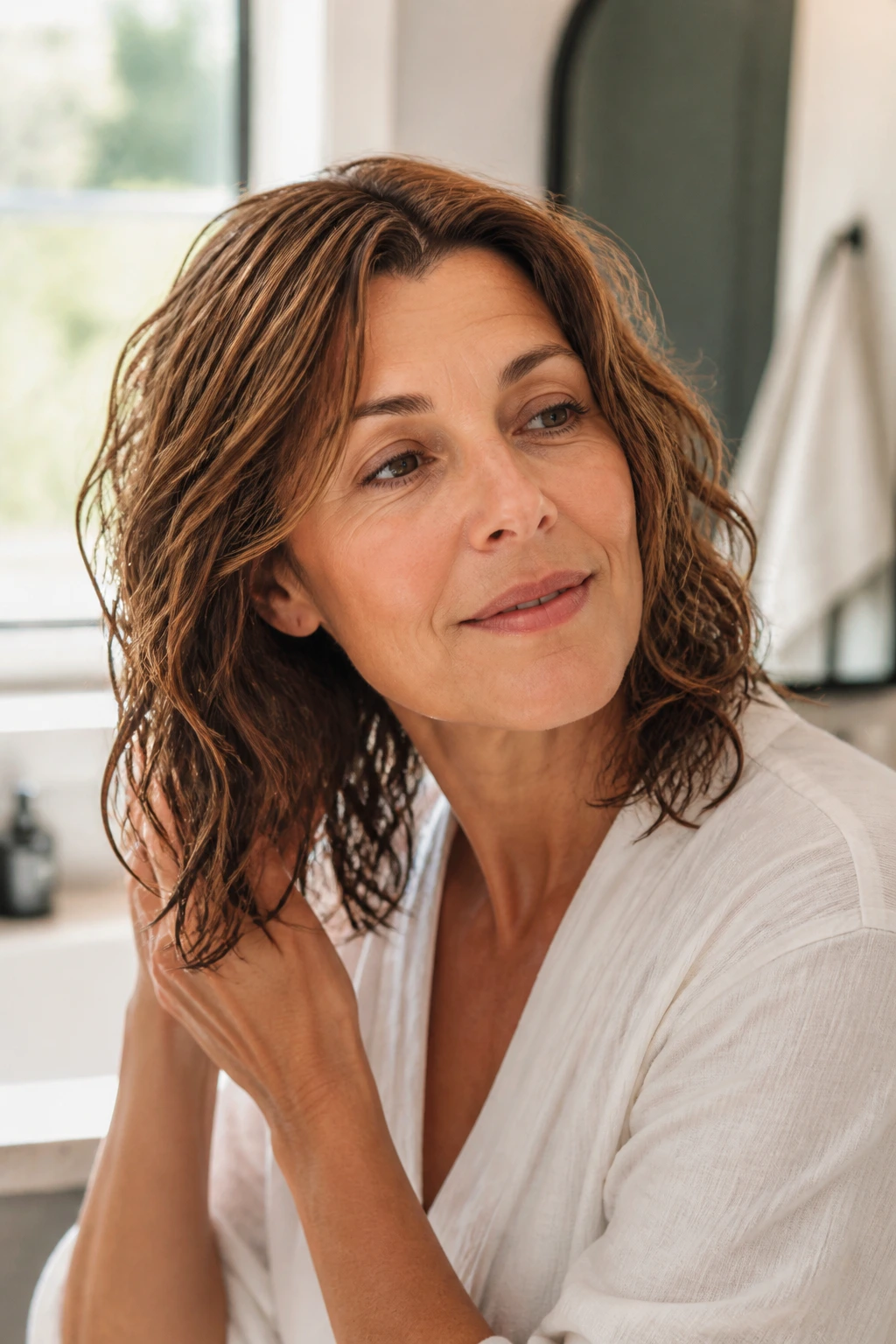 Close-up of a woman with shoulder-length medium-wavy hair in a bathroom, illustrating maintenance for medium waves