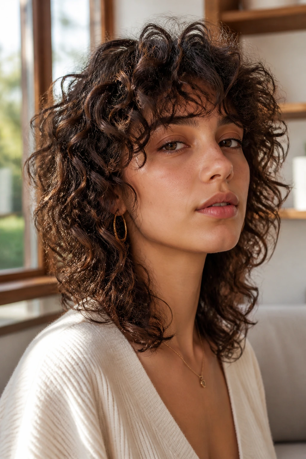Close-up portrait of real woman with curly medium-length wolf cut in sunlit living room
