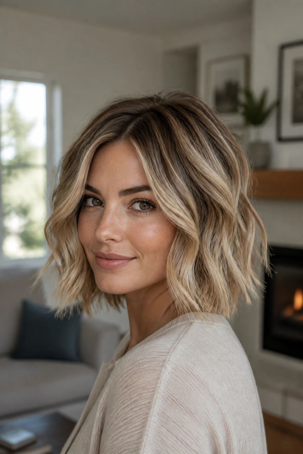 Close-up of Melted Balayage Short Lob with seamless root-to-ends blend