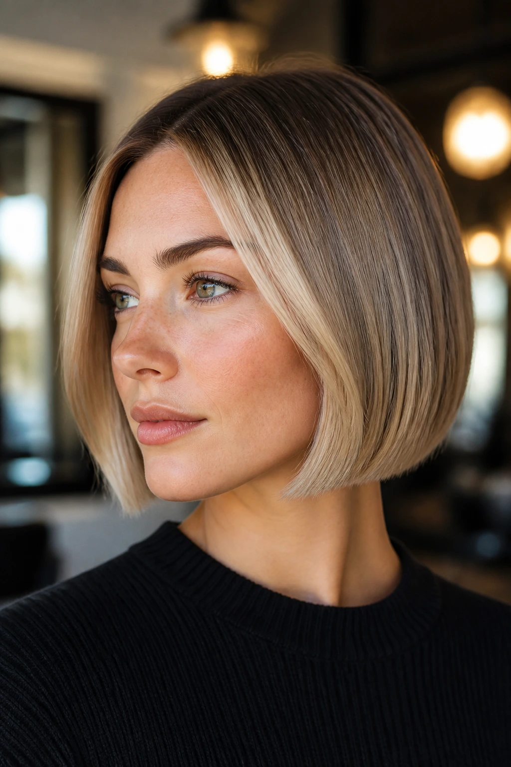 Close-up of melted blonde at temples on a polished bob in a salon setting