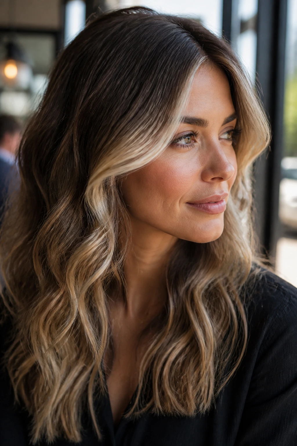 Close-up of a real woman with melted root and bright front ribbons on wavy hair in cafe light