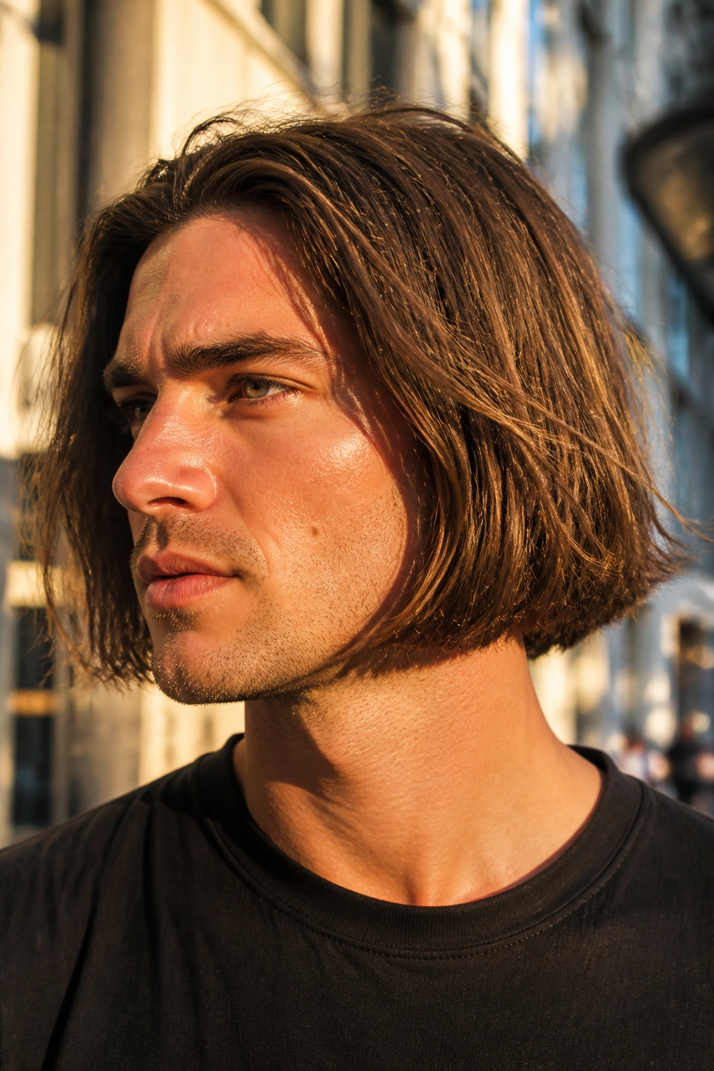 Portrait of a man with a bob haircut on a city sidewalk in golden hour light