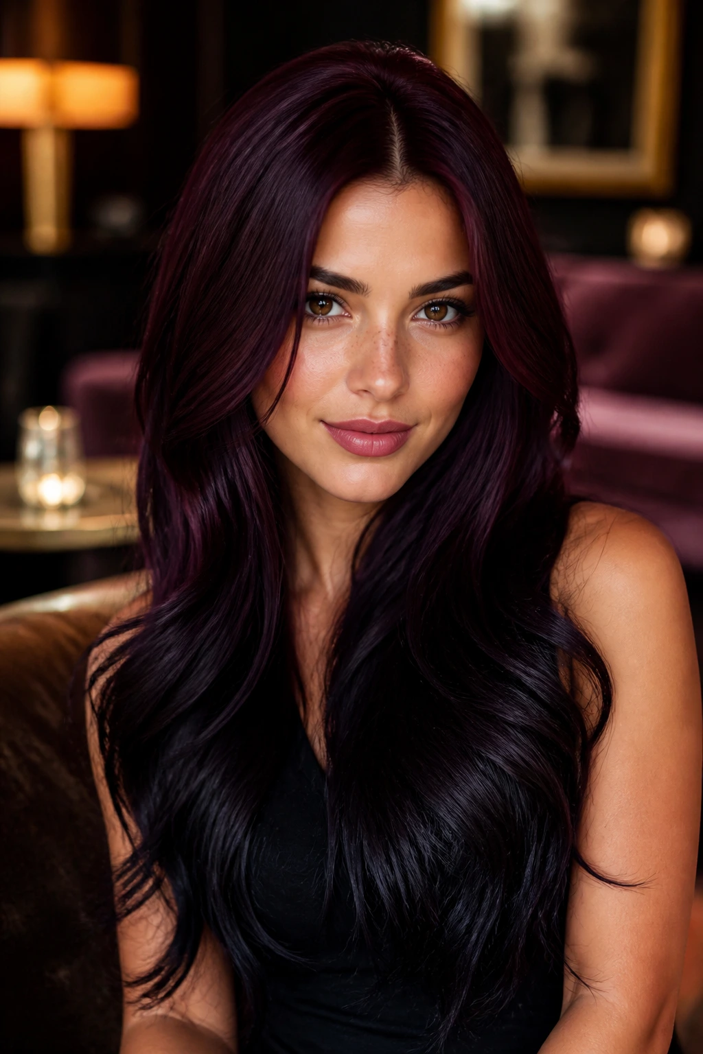 Close-up of a real woman with merlot to blackberry ombre on long hair
